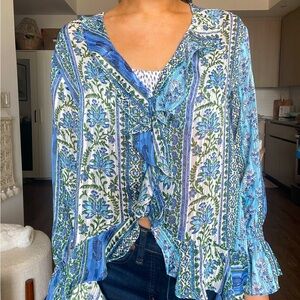 Zara Blue Printed Semi Sheer Blouse